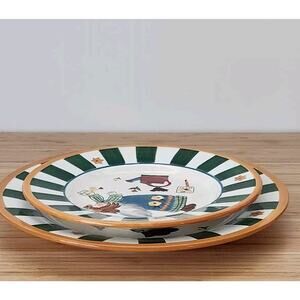 Inspirado Design Hand painted Striped Rim Plates Seattle, USA Stonelite Set of 2